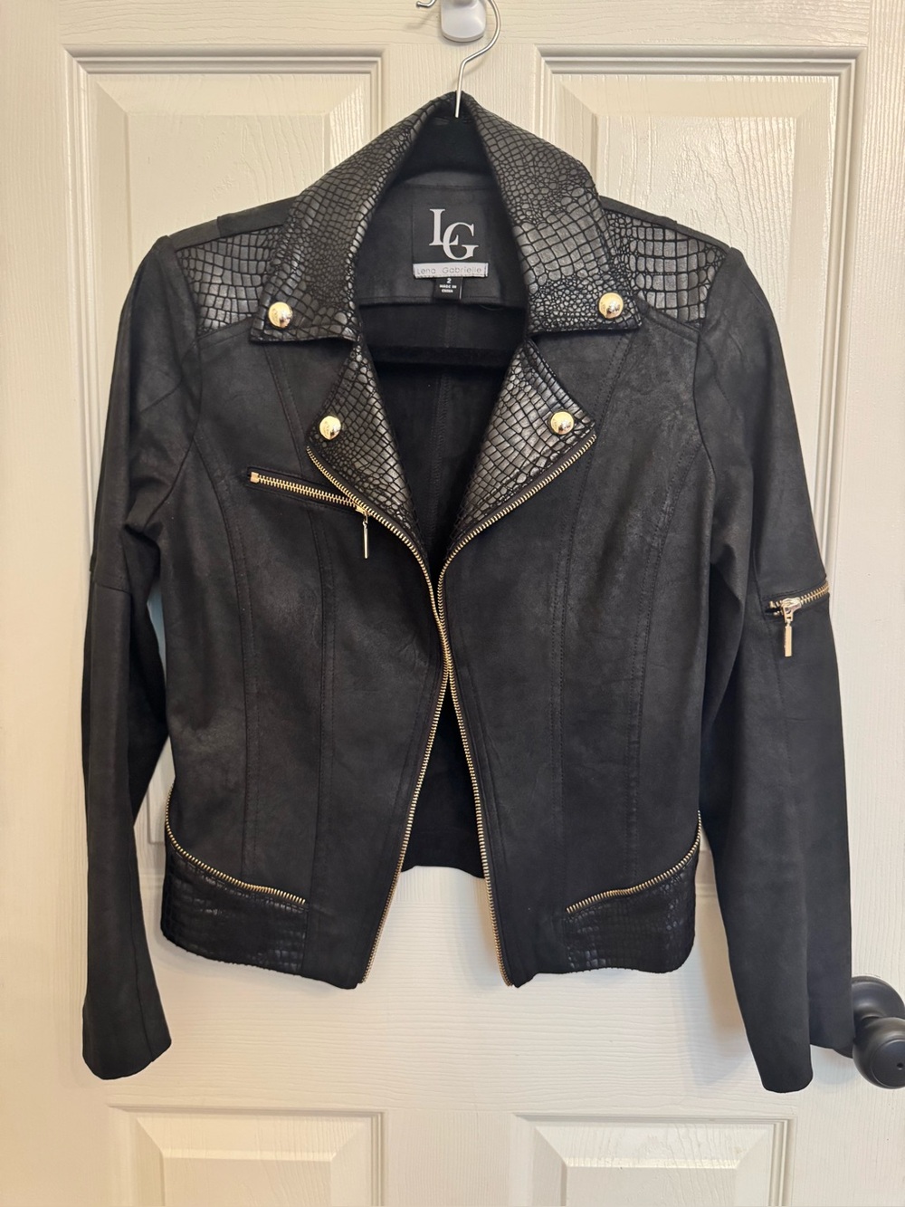 Lena Gabrielle Black Faux Leather Moto Jacket Croc-Texture and Gold tone Accents